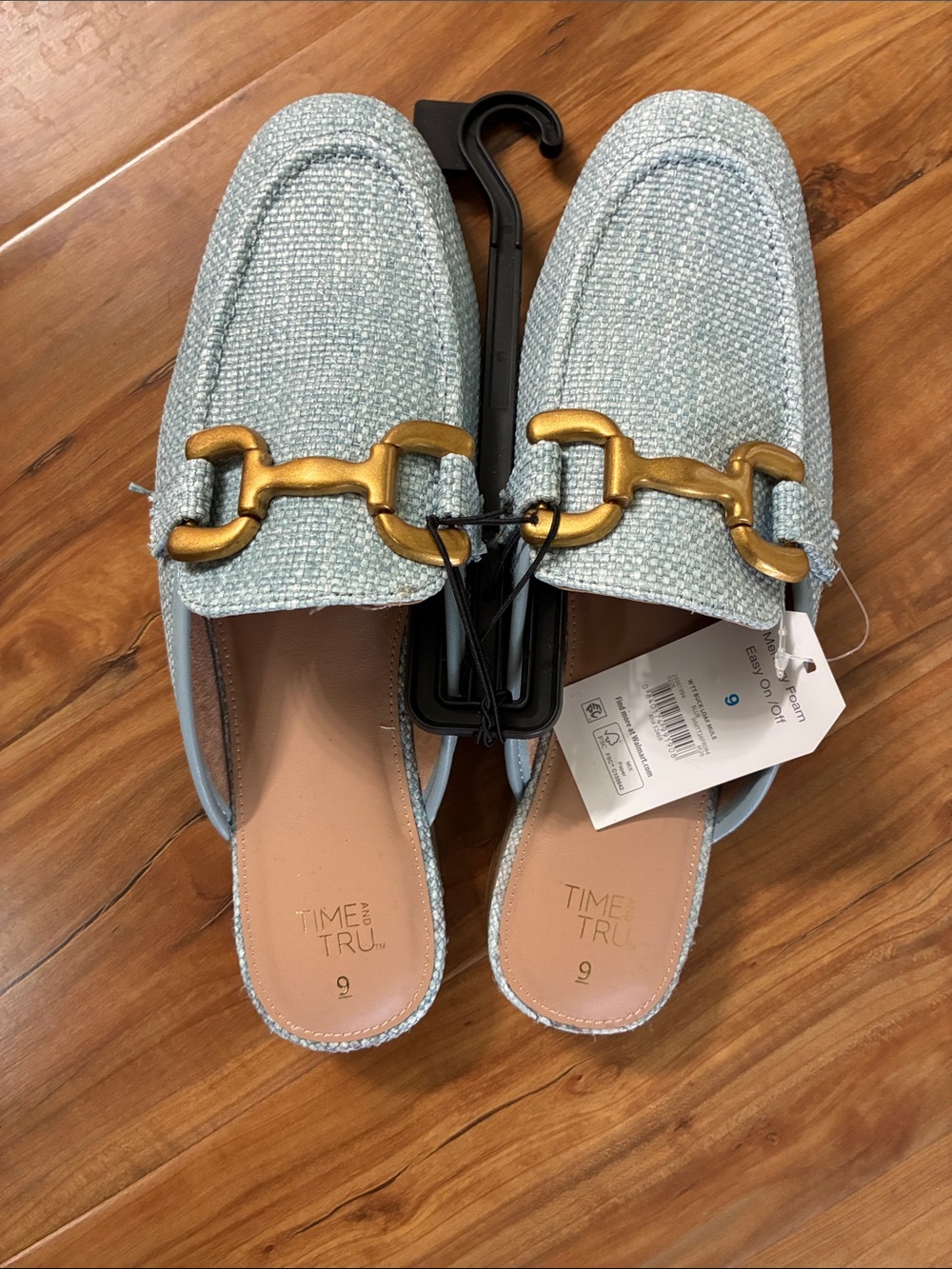 Time and Tru Light Blue Slip-On Mules with Gold Bit